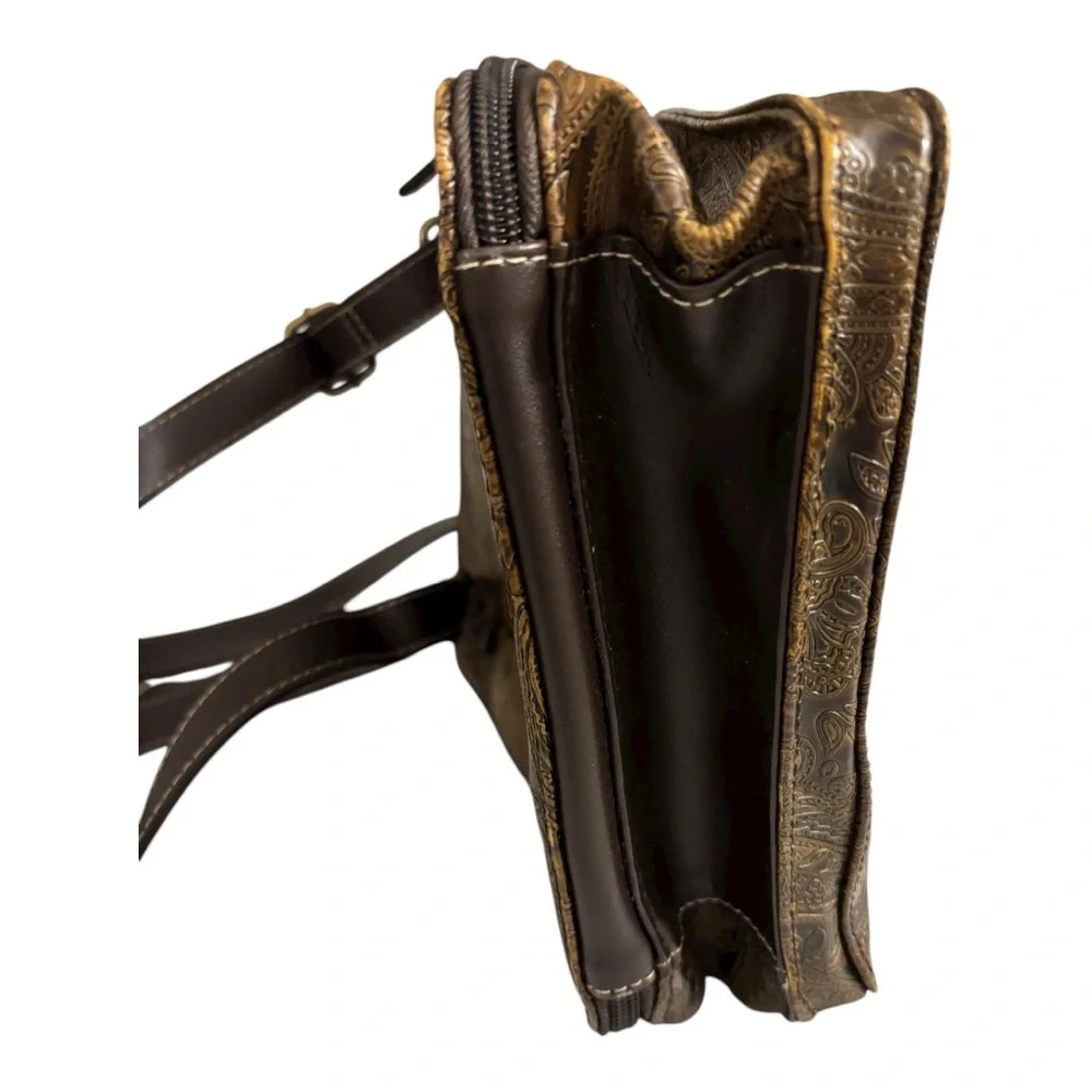 Relic by Fossil embossed paisley earthy rustic crossbody bohemian hobo bag. - Picture 4 of 9